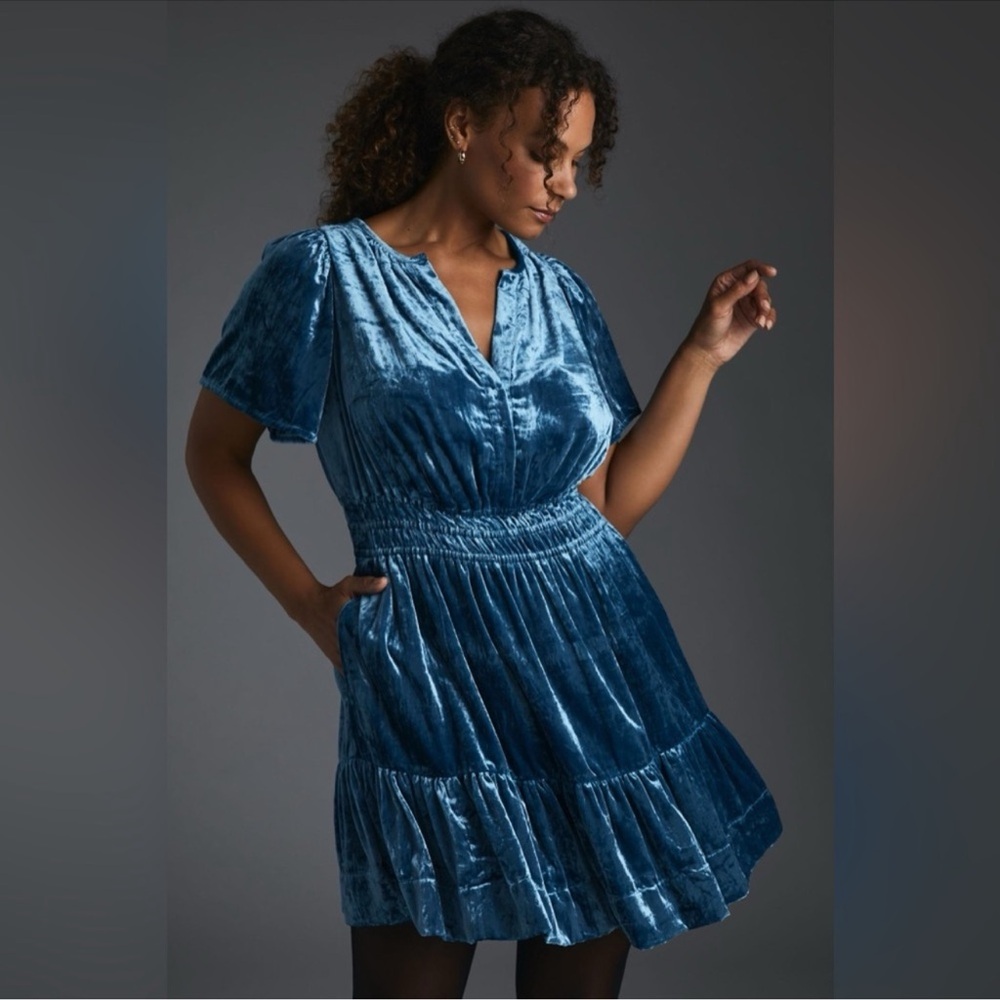 Anthropologie Somerset Blue Velvet Dress - Picture 4 of 9